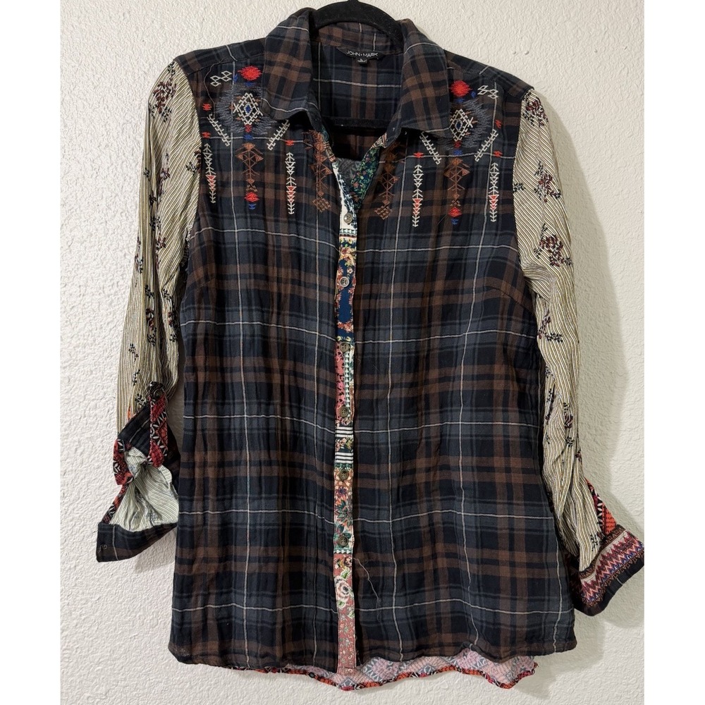 John Mark Blouse Top Large Boho Floral Art Earthy Button Down